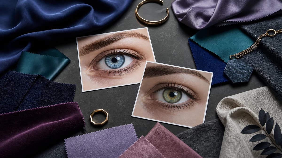 Printed blue and green eye photographs surrounded by navy, teal, plum, lavender, and ivory fabrics.