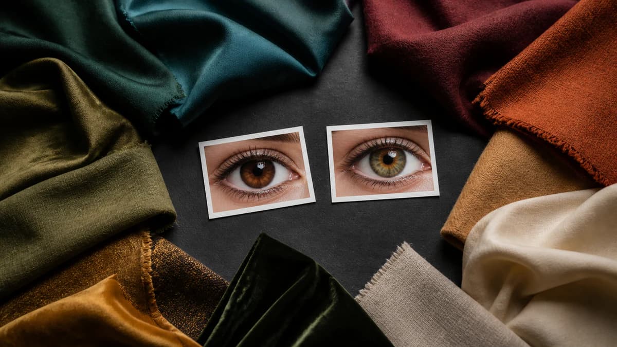 Printed brown and hazel eye photographs surrounded by forest green, burgundy, rust, camel, and cream fabrics.