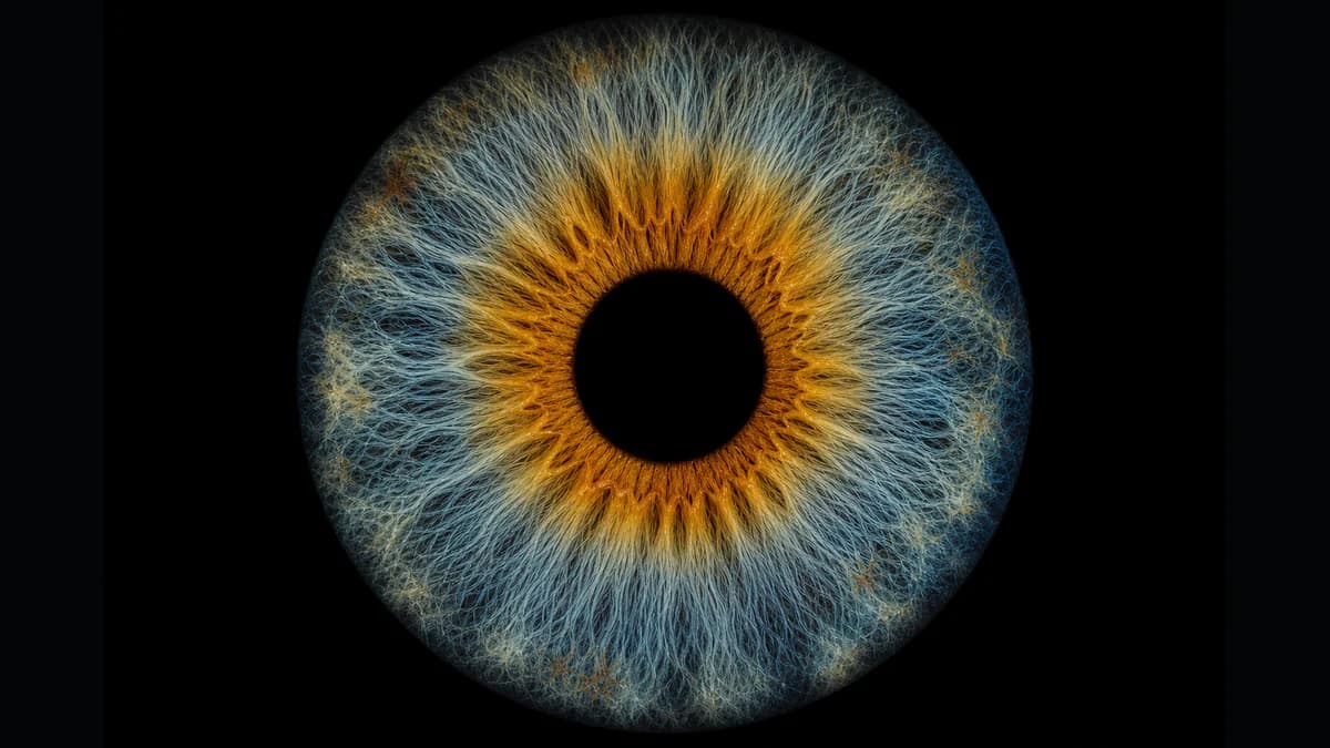 A blue-gray iris with an amber-gold ring around the pupil.