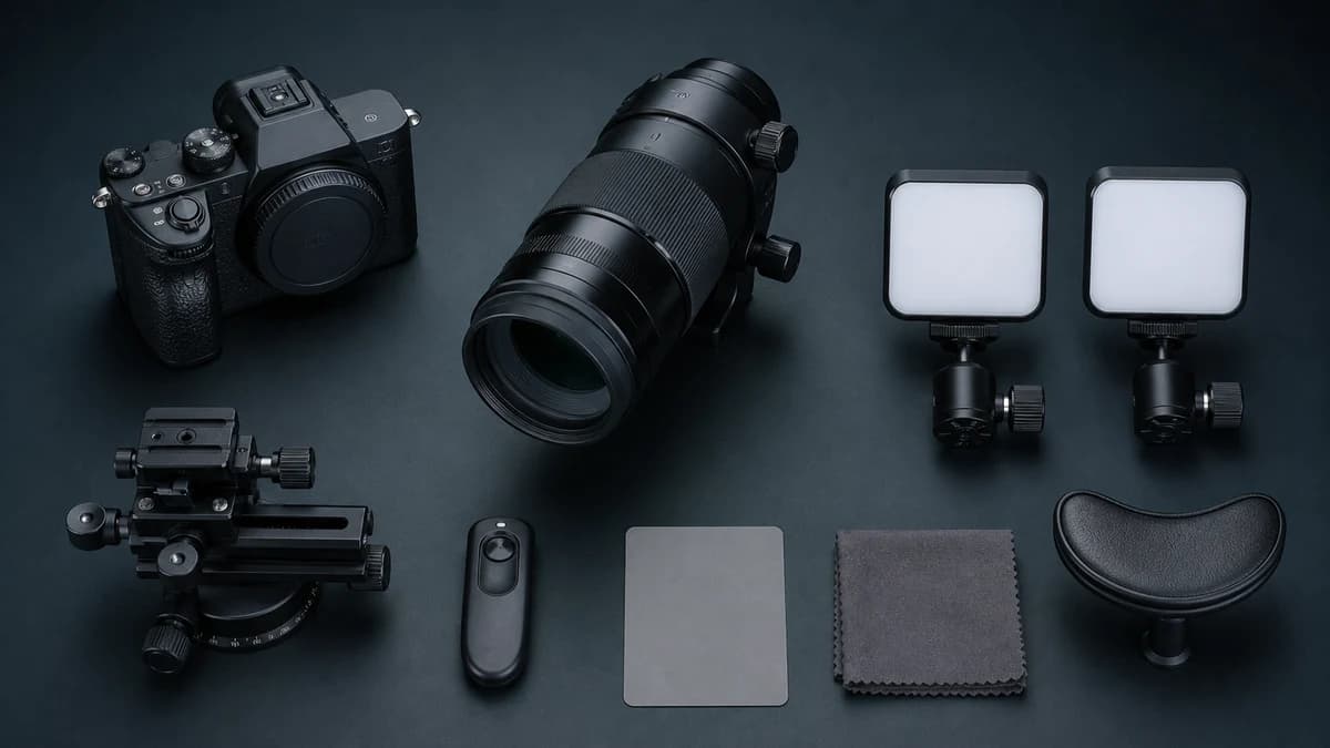 A macro camera, lens, focusing rail, LED panels, gray card, remote release and chin support arranged on a dark studio table.