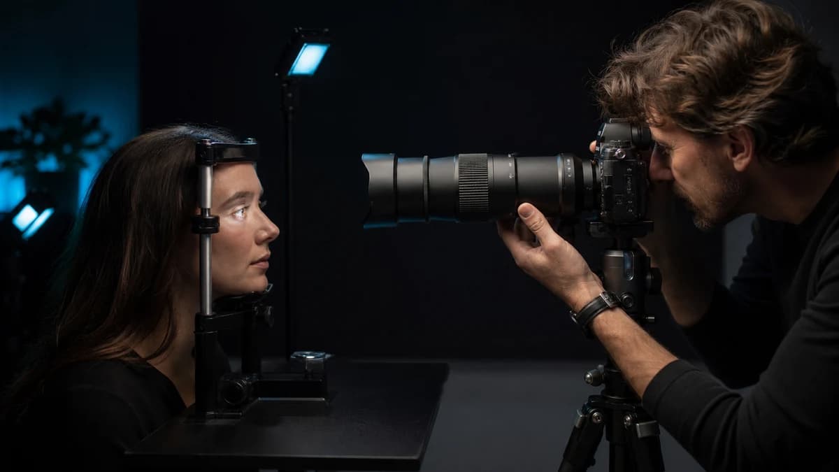An iris photographer photographs a seated client with a macro camera in a dark, carefully lit studio.