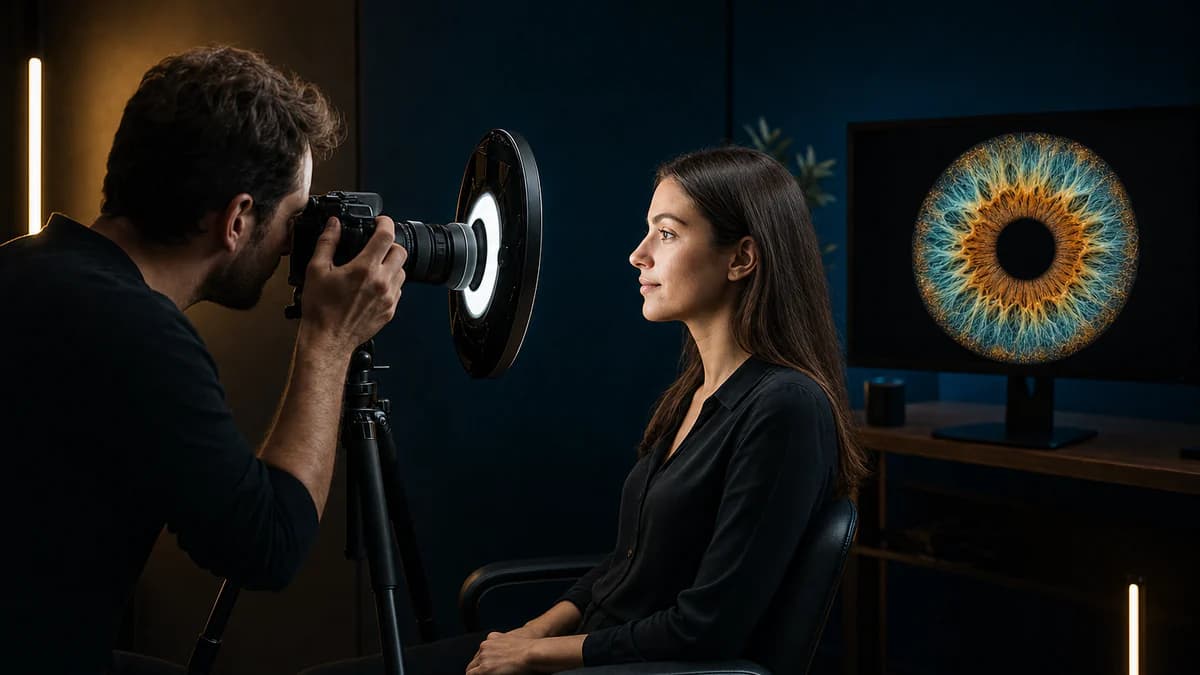 A photographer uses a macro camera and diffused ring light to photograph the iris of a seated client.