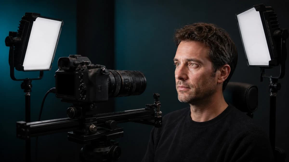 A macro camera on a focusing rail faces a seated client between two diffused LED panels in a dark studio.