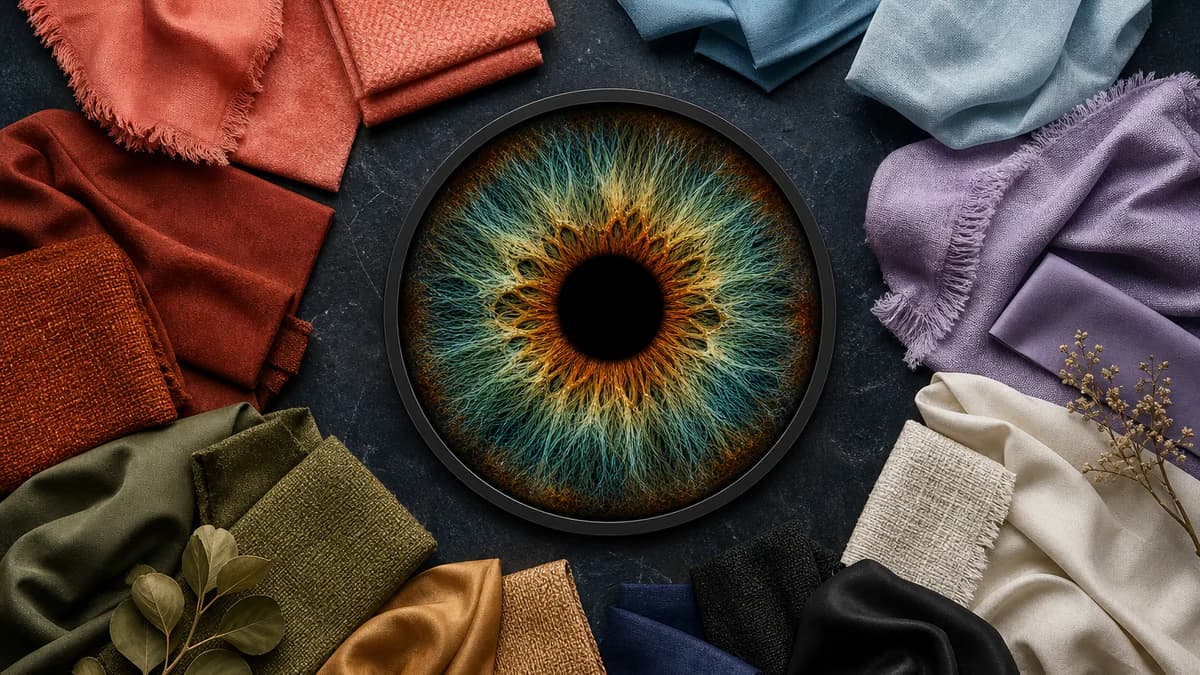 An iris artwork surrounded by wearable color fabrics chosen to create contrast and harmony around the eyes.