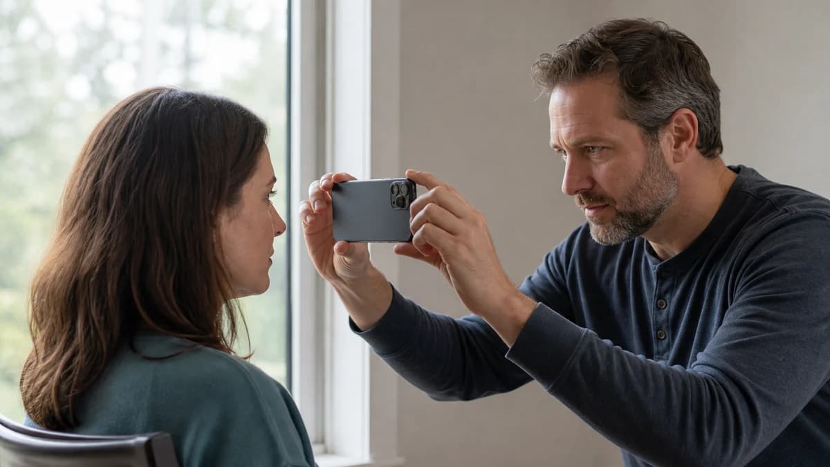 A helper holds a phone's rear camera in front of a person's eye near a softly lit window.