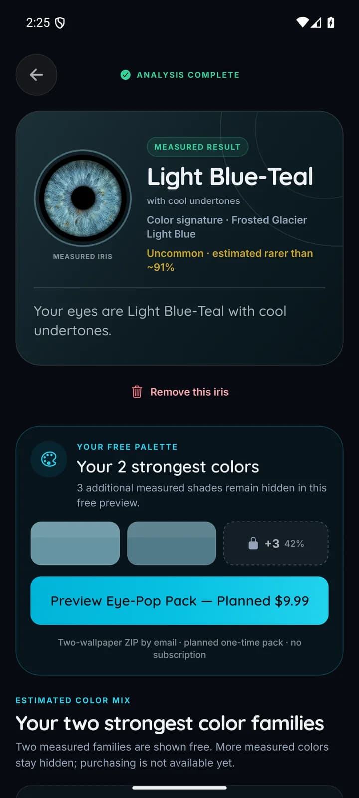 Android app showing a light blue-teal iris analysis