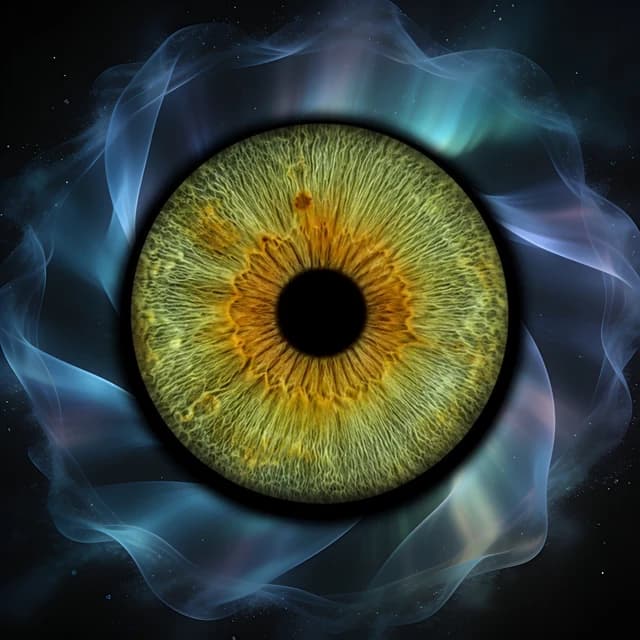 Refined aurora ribbons hug the iris rim before streaming toward the edges.