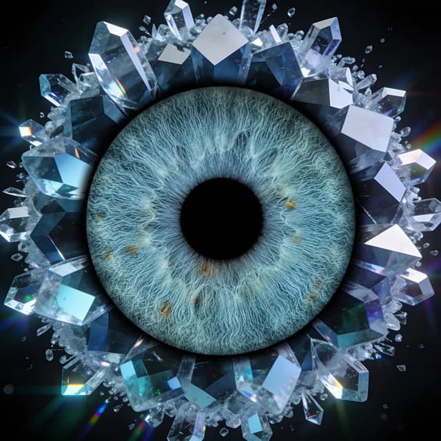 Faceted crystal structures grow outward from the iris along refracted fracture lines.