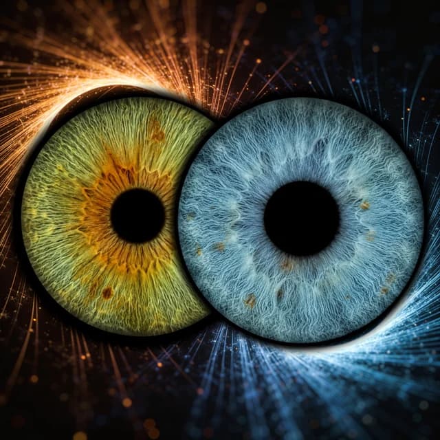 Warm ember strands from one iris meet cool luminous strands from the other.