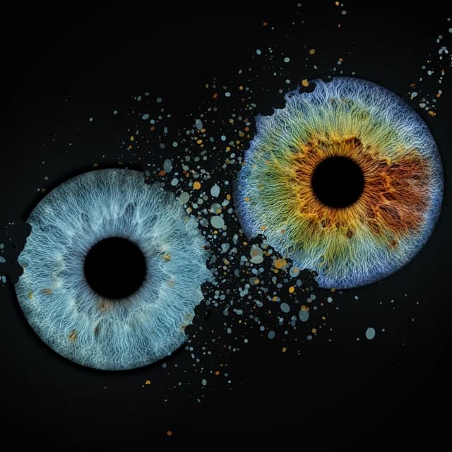 Two irises disintegrate toward each other, their own colors scattering as colliding dust. Rendered instantly without AI.