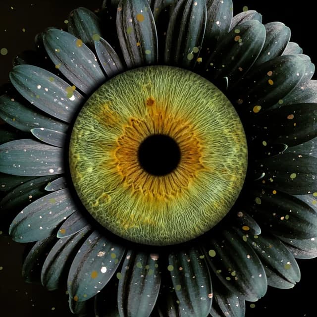 Moody painted petals unfold behind the iris like a night flower, dusted with metallic splatter.