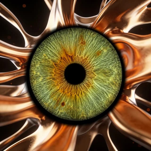 Molten metallic forms wrap the iris like a sculpted jewel setting.