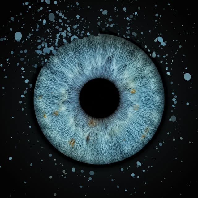 The iris dissolves into a ring of paint-fine dust in its own measured colors. Rendered instantly without AI.