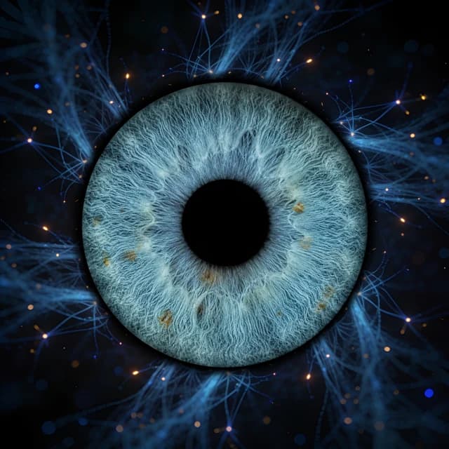 Fine glowing filaments erupt radially from the iris rim in a bold, symmetric explosion.