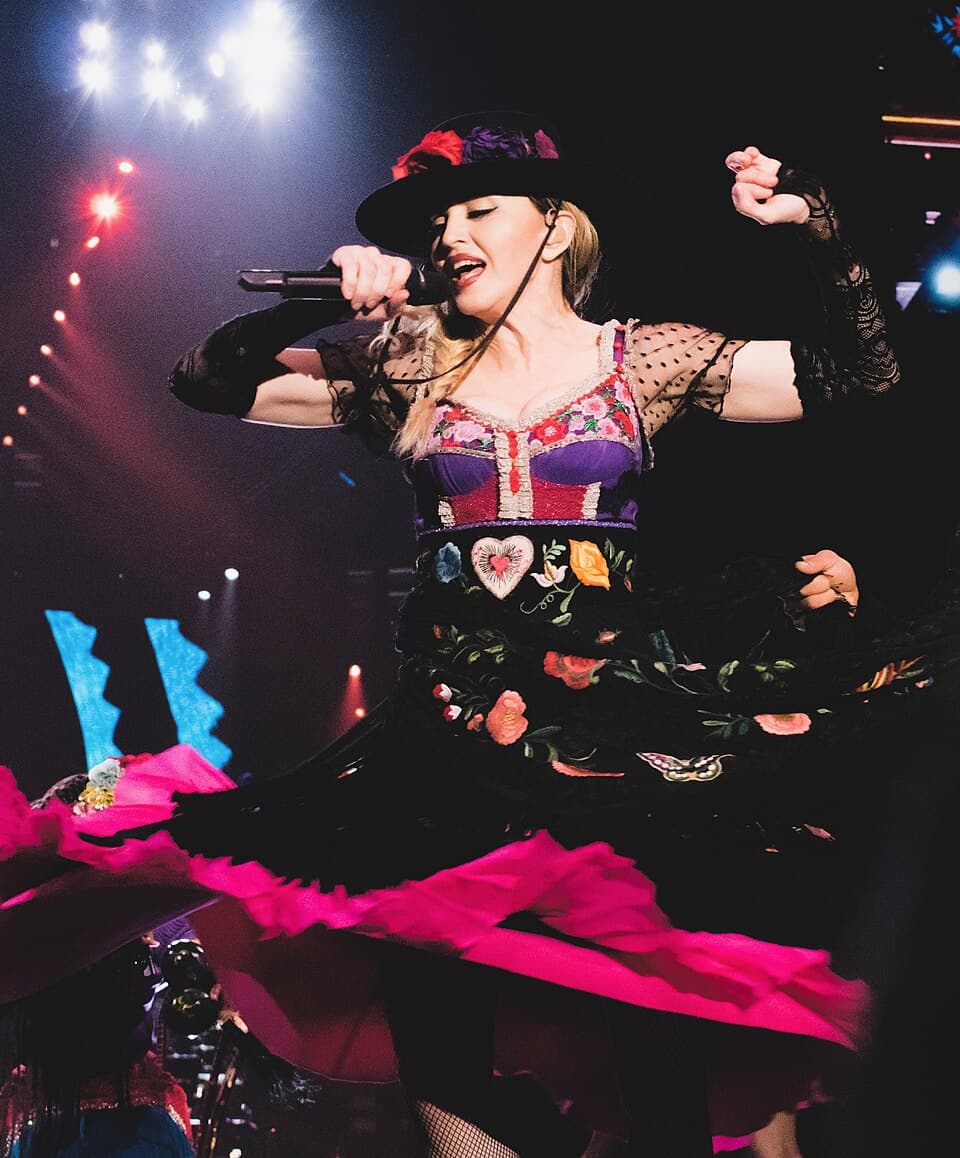 Madonna performing during a public concert tour
