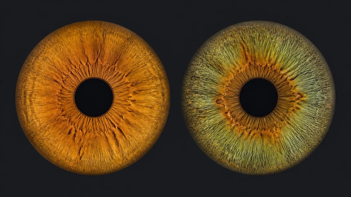 A uniform golden-copper amber iris beside a hazel iris with green, brown, and gold zones.