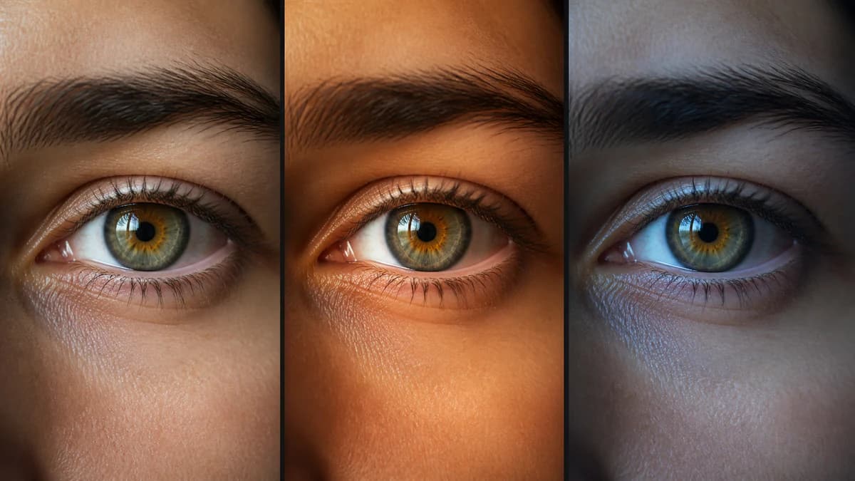 The same hazel-green eye under neutral daylight, warm indoor light, and cool shade.
