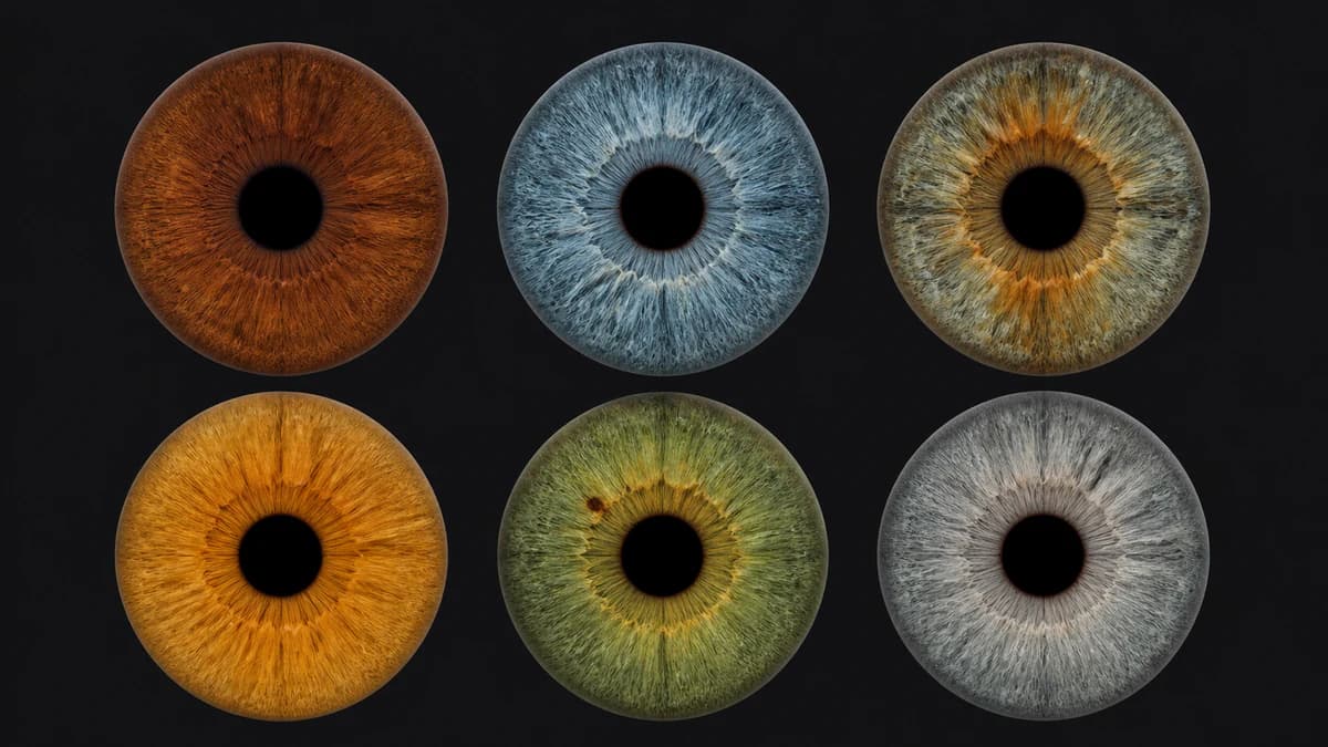 Six iris macros showing brown, blue, hazel, amber, green, and gray under matching neutral light.