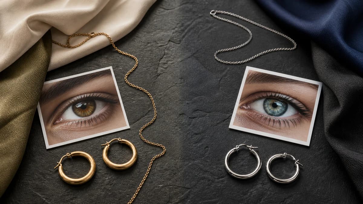 Gold jewelry beside a hazel-brown eye and silver jewelry beside a blue-green eye on a dark surface.