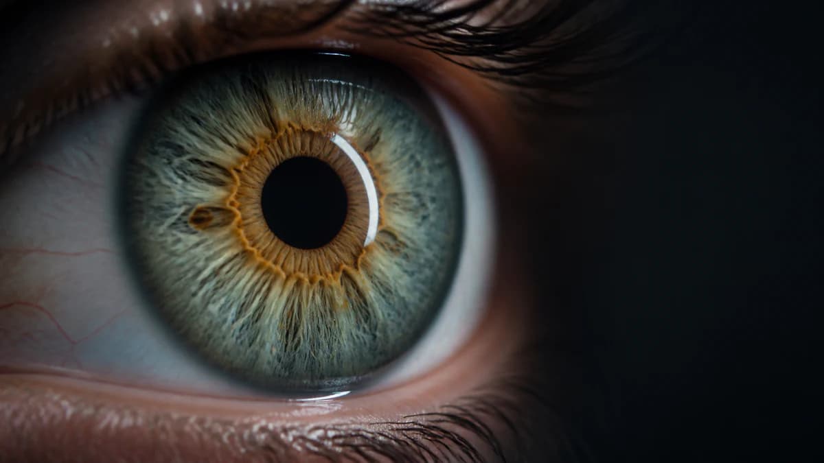 An extreme macro of a hazel-green iris showing an amber central ring, crypts, radial fibers, and pigment freckles.